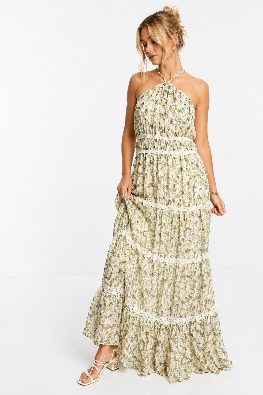 Asos Halter Maxi Dress Ditsy Floral Yellow Womens Size 12 New Embroidered Trim